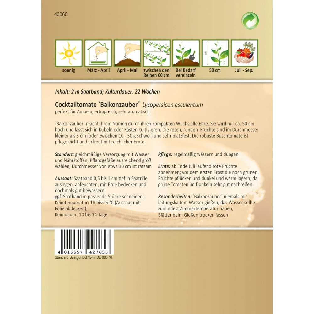 Saatgut Cocktailtomate Balkonzauber, Ca. 2 Meter Saatband Ideal FĂŒr Ampeln â Bild 2