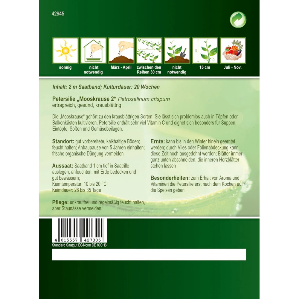 Saatgut Schnittpetersilie Mooskrause 2, Ca. 2 Meter Saatband, Ertragreich Und Gesund â Bild 2