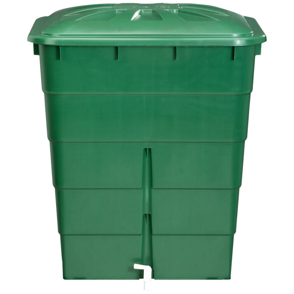 Regentonne Eckig Mit 300 Liter Fassungsvermögen In Grün, Inklusive Deckel Und Auslaufhahn