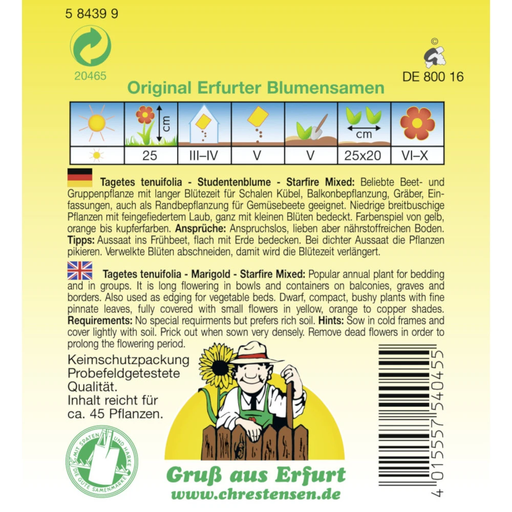 Saatgut Studentenblume Starfire-Mischung Einjährig Für Ca. 45 Pflanzen – Bild 2