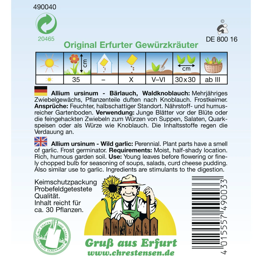 Saatgut Bärlauch Gewürzkraut Mehrjährig Für Ca. 30 Pflanzen – Bild 2