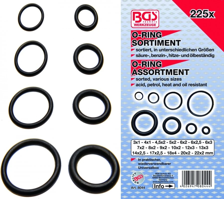 BGS O-Ringe Sortiment Ă 3-22 Mm 225-teilig